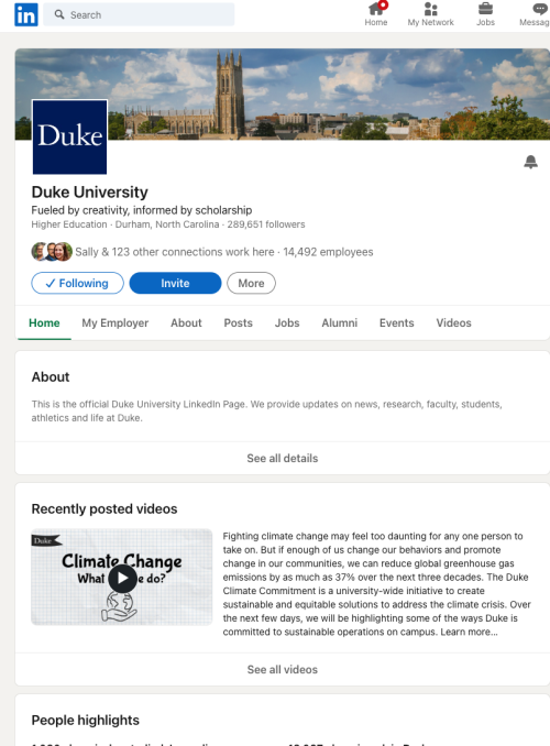 Screenshot of Official Duke University LinkedIn Page